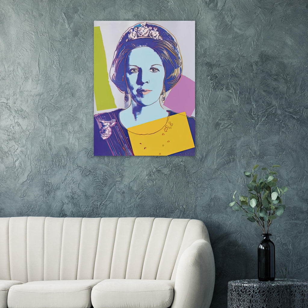 Andy Warhol poster depicting the recognizable royal portrait becomes a strong graphic focal point