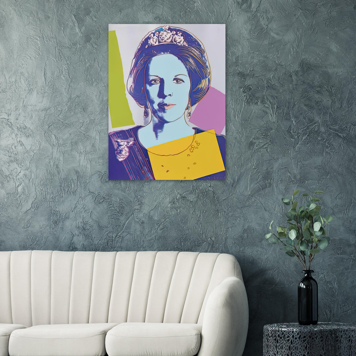 Andy Warhol poster depicting the recognizable royal portrait becomes a strong graphic focal point